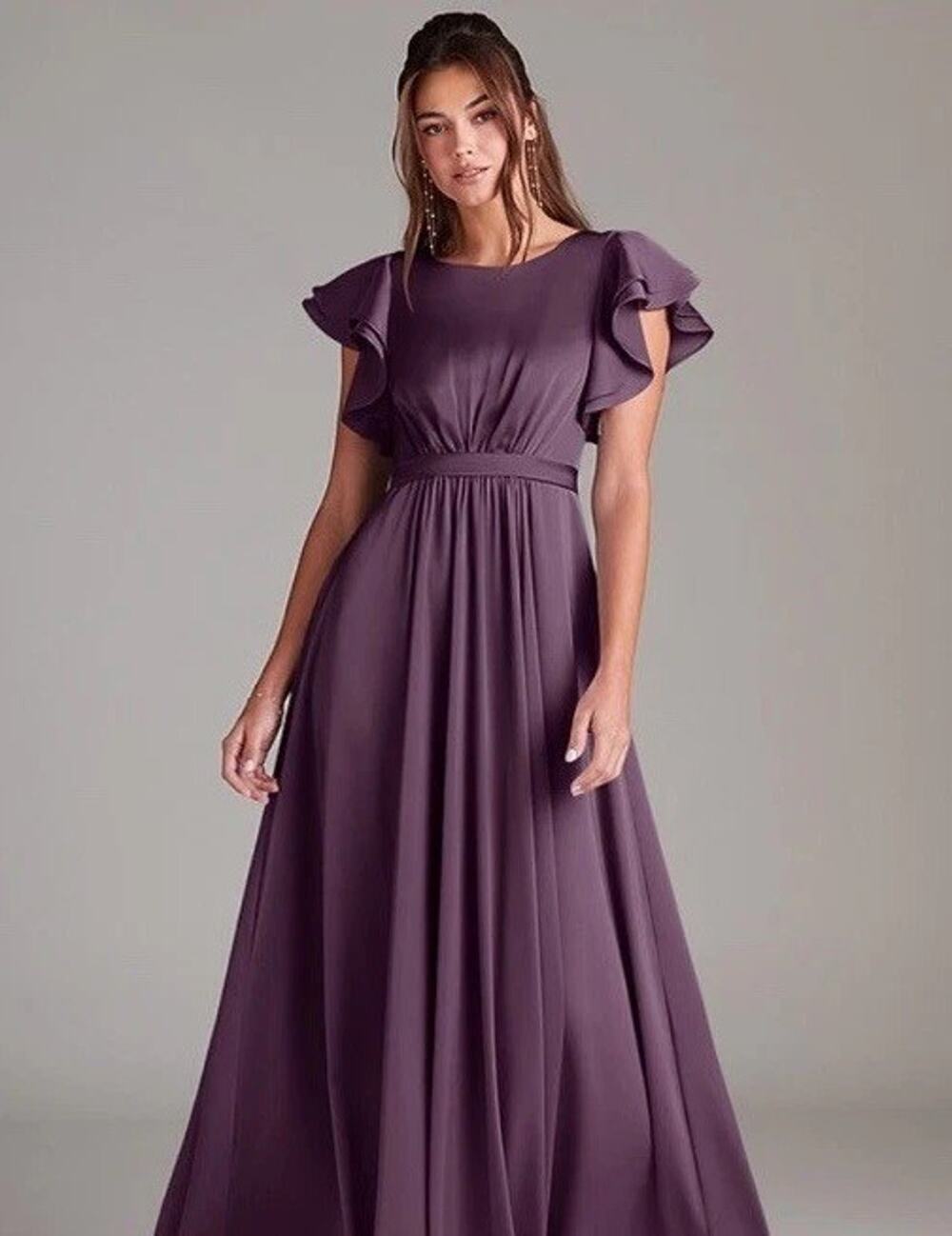 Azazie A8 Daphne A-Line Chiffon Floor Length Dress Plum Purple Ruffle Sleeve EUC
